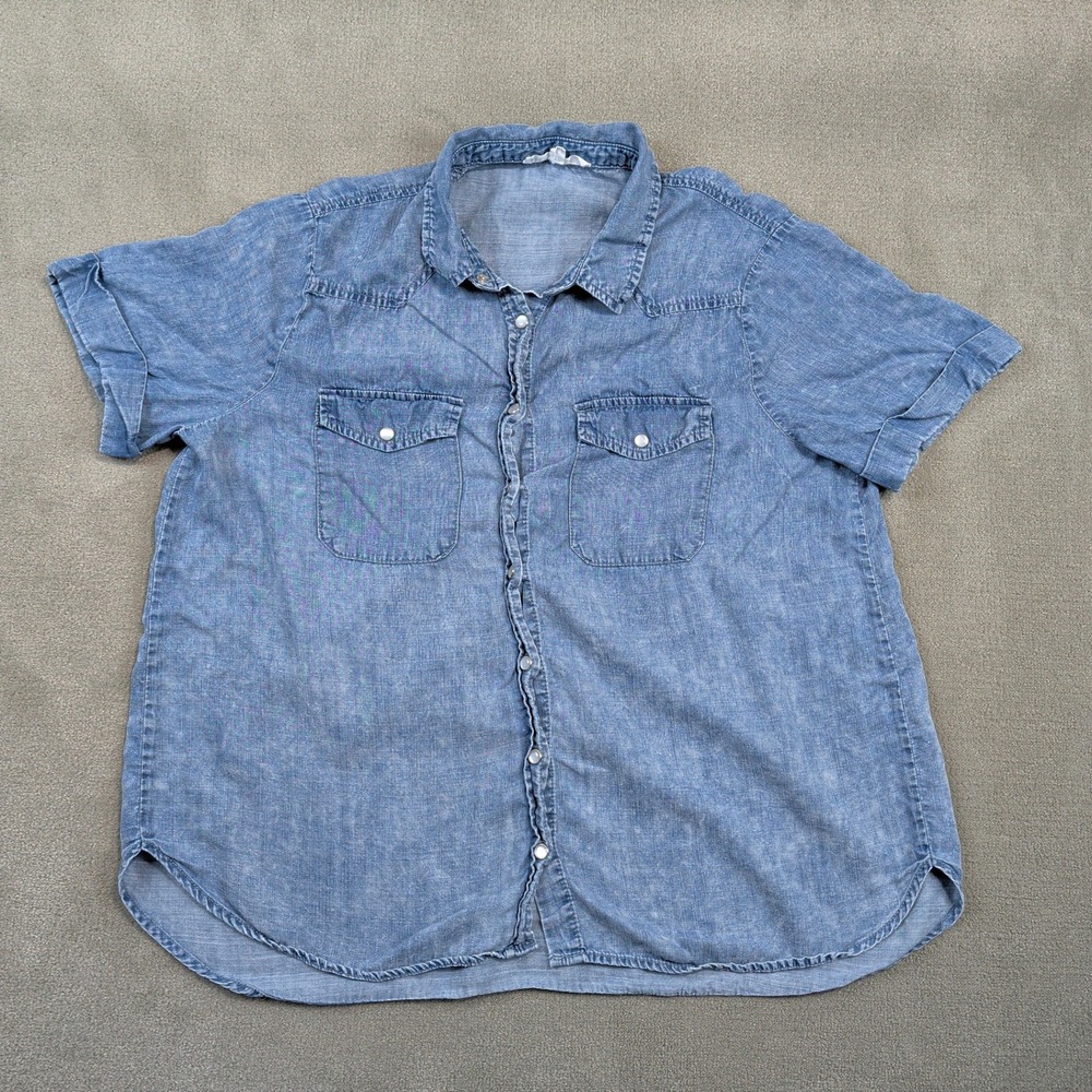 Jane + Delancey XL Women Blue Lyocell Short Sleeve Snap Front Western Shirt